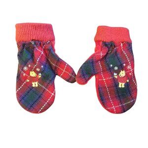 Disney Store Kids Vintage Plaid Velvet Mittens With Winter Character Design Red